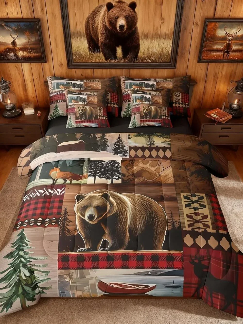 Rustic Cabin Bedding Set 7 Pieces,Hunting Bear King Size Comforter Set with Shee